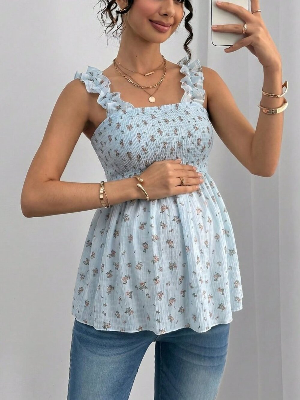 Baby Blue Boho Women's Maternity Floral Babydoll Top - Picture 4 of 5